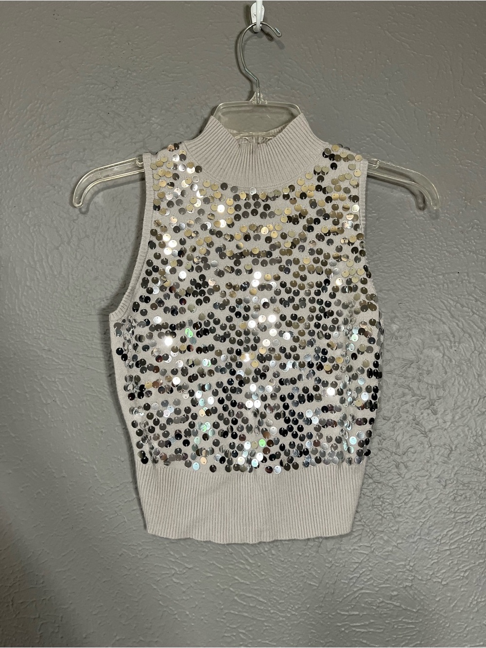 Madden NYC Sequin Mock Neck Sleeveless Sweater Tank Top Small Silver